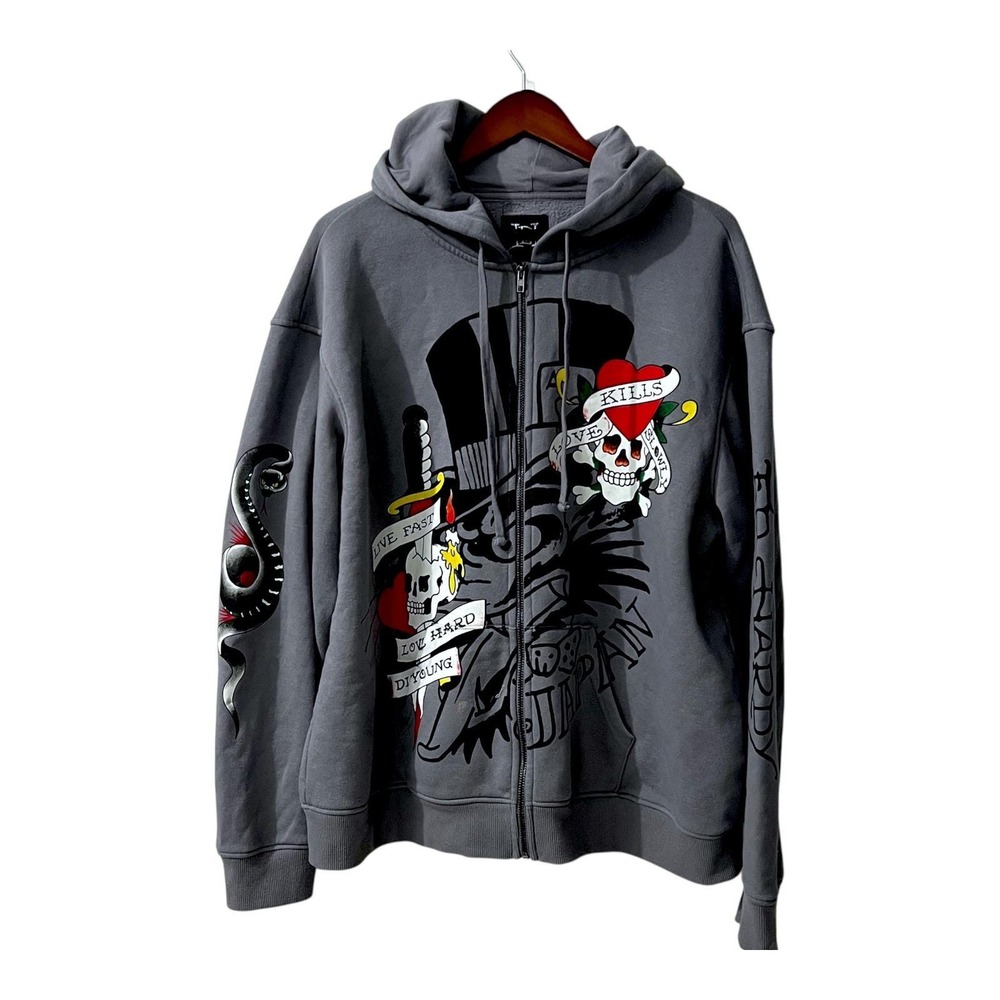 Ed Hardy Love Kills Slowly Skull Heart Zip Hoodie‎ Gray XXL